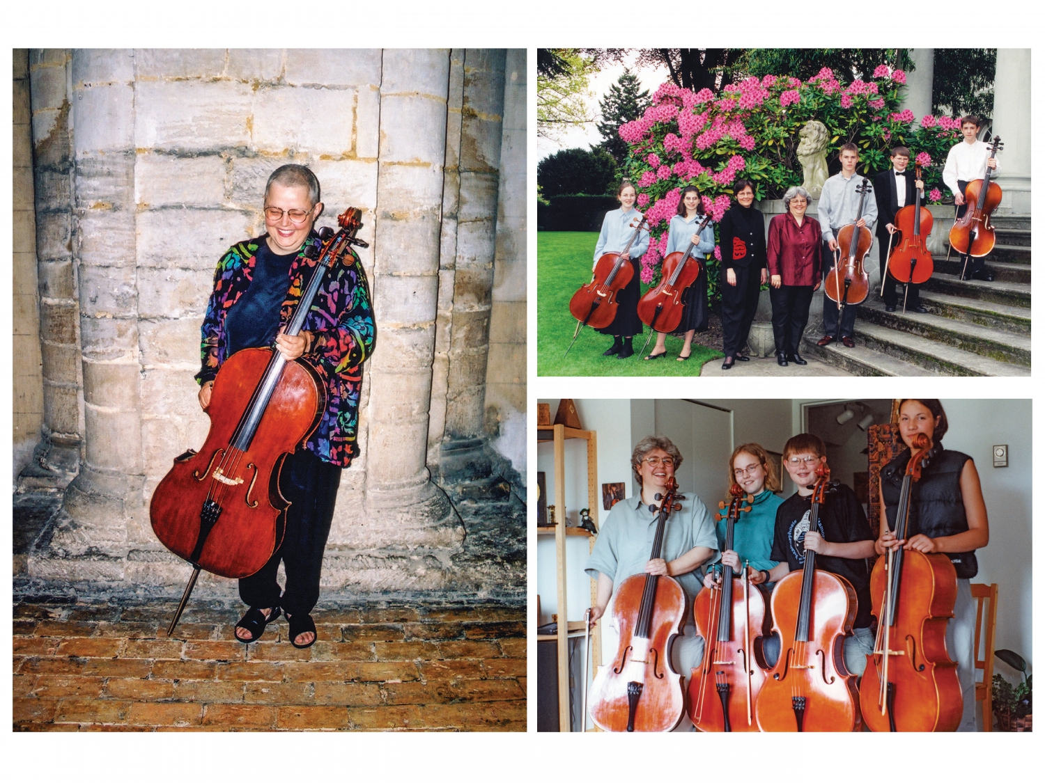 Three photos of various people holding cellos